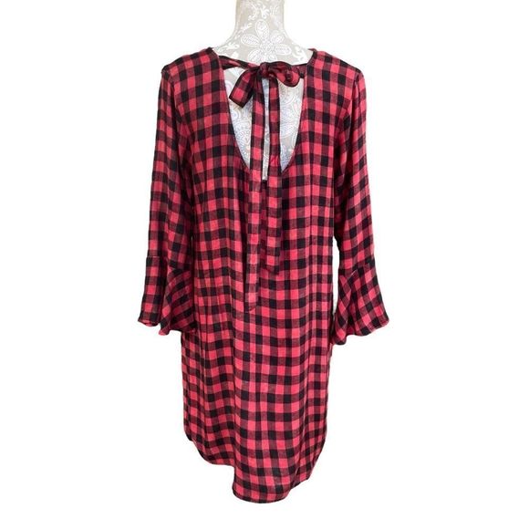 Anthropologie Cloth & Stone Red Buffalo Plaid Flutter Sleeve Dress Size Medium - Picture 7 of 7